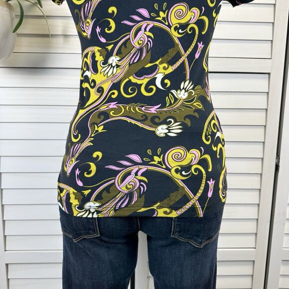 L'Agence Ressi Top Blue Olive Abstract Scarf Print Stretch Knit Blouse Size XS - Picture 7 of 10